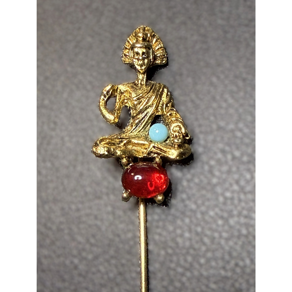 Vintage Signed ART Gold Tone Rhinestone Lady Goddess Brooch Hat Pin Cabochon